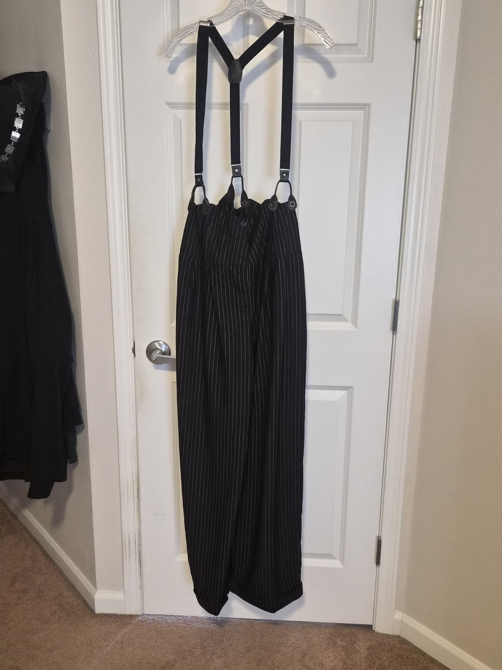 Unique Vintage Black/White Pinstripe Wide-Leg Pants with Adjustable Suspenders